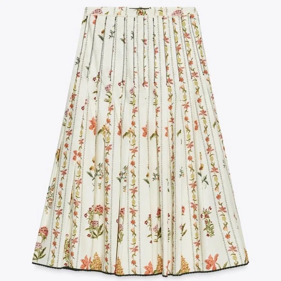 Zara 🔥 Pleated Floral Midi Skirt Botanical Flowy Cottagecore Prairie Cotton XL - Picture 9 of 16